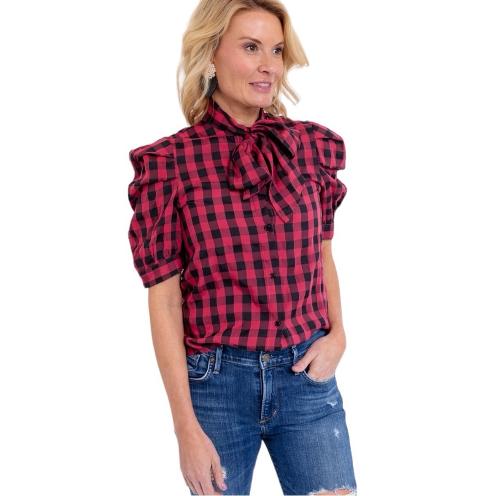The Shirt by Rochelle Behrens The French Bow Shirt in Red/Black Size XS